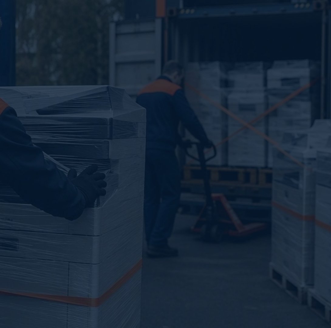 Folienverpackte Multifunktionssysteme auf Paletten werden in einen Transporter verladen.